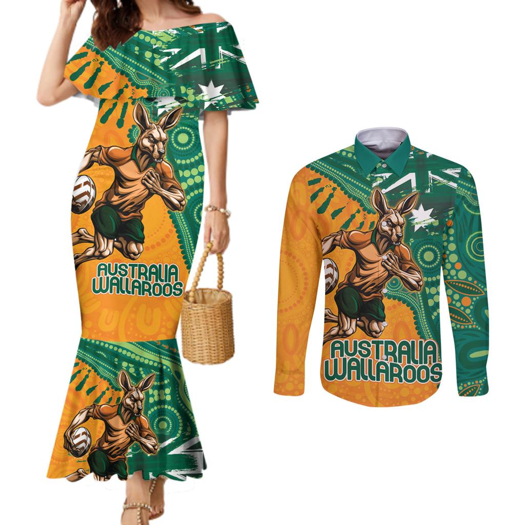 Custom Australia Rugby Wallaroos Couples Matching Mermaid Dress and Long Sleeve Button Shirt Indigenous Aboriginal Pacific Champions