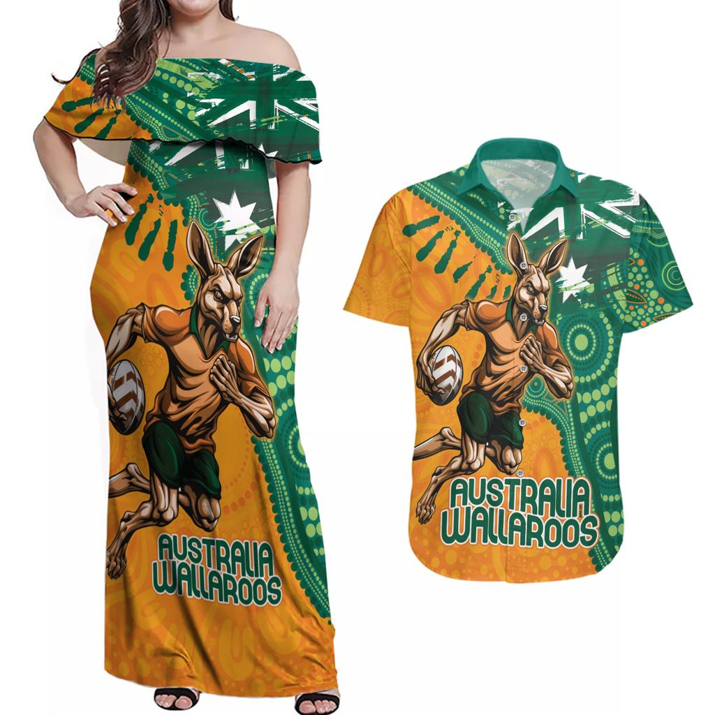 Custom Australia Rugby Wallaroos Couples Matching Off Shoulder Maxi Dress and Hawaiian Shirt Indigenous Aboriginal Pacific Champions