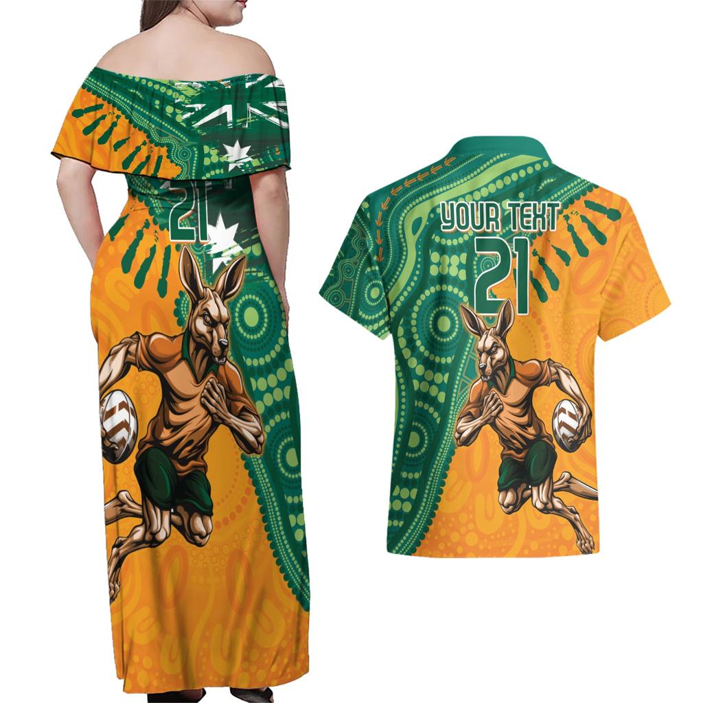 Custom Australia Rugby Wallaroos Couples Matching Off Shoulder Maxi Dress and Hawaiian Shirt Indigenous Aboriginal Pacific Champions