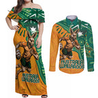 Custom Australia Rugby Wallaroos Couples Matching Off Shoulder Maxi Dress and Long Sleeve Button Shirt Indigenous Aboriginal Pacific Champions