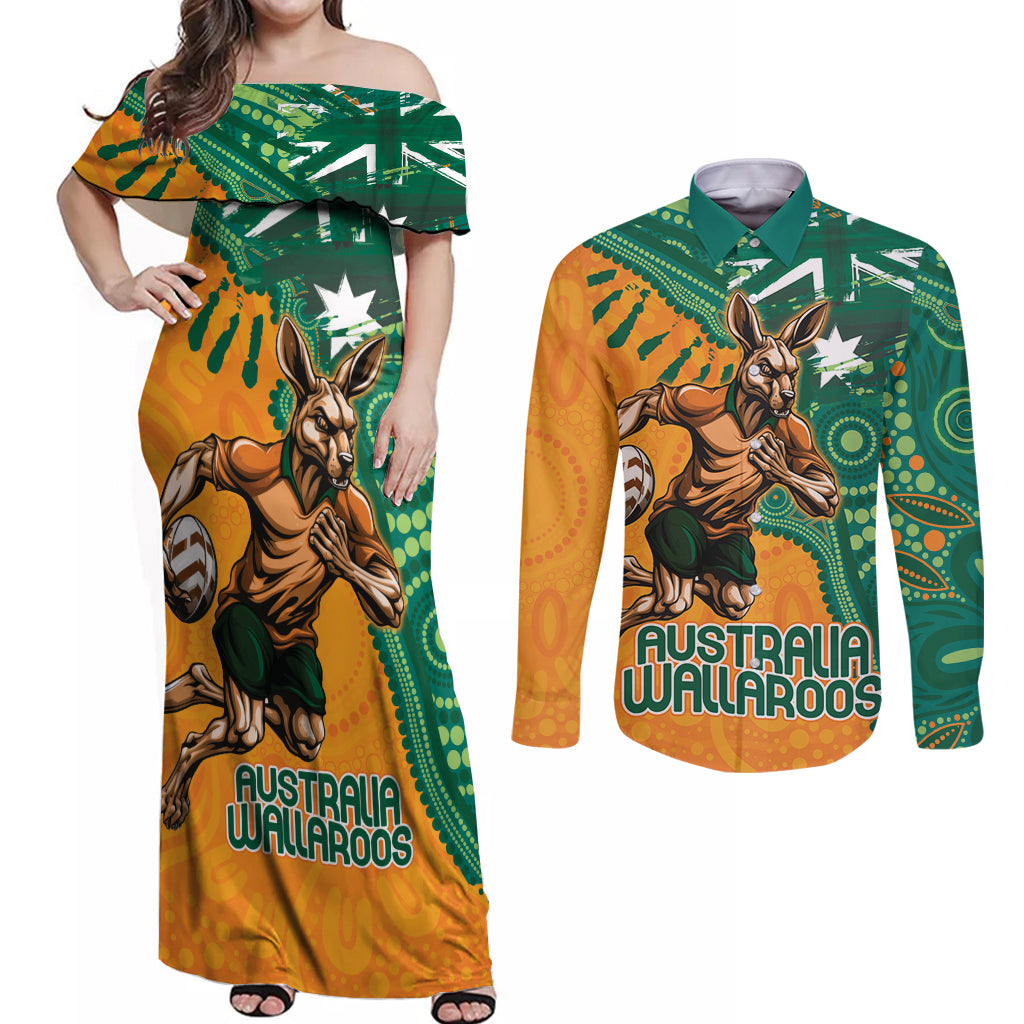 Custom Australia Rugby Wallaroos Couples Matching Off Shoulder Maxi Dress and Long Sleeve Button Shirt Indigenous Aboriginal Pacific Champions