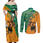Custom Australia Rugby Wallaroos Couples Matching Off Shoulder Maxi Dress and Long Sleeve Button Shirt Indigenous Aboriginal Pacific Champions