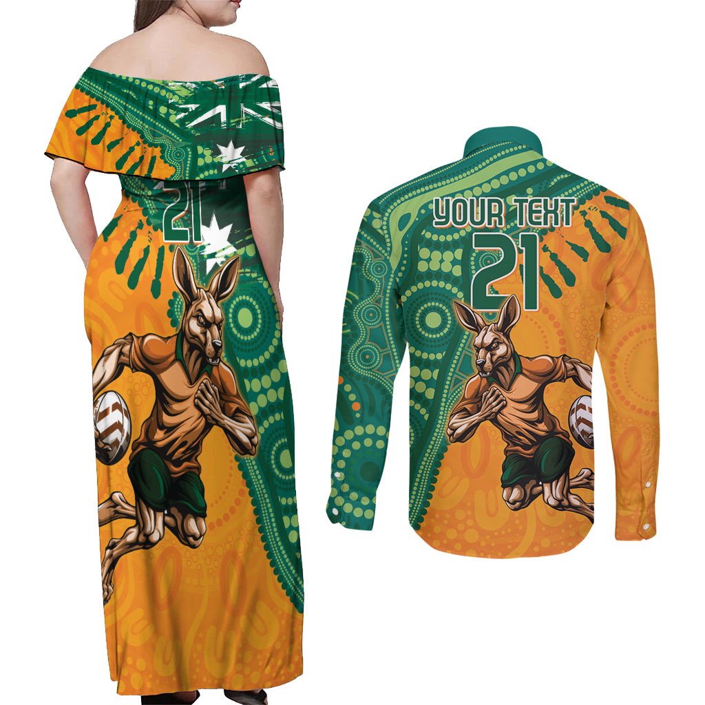 Custom Australia Rugby Wallaroos Couples Matching Off Shoulder Maxi Dress and Long Sleeve Button Shirt Indigenous Aboriginal Pacific Champions