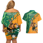 Custom Australia Rugby Wallaroos Couples Matching Off Shoulder Short Dress and Hawaiian Shirt Indigenous Aboriginal Pacific Champions