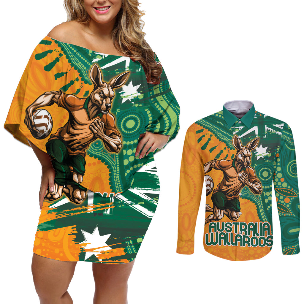 Custom Australia Rugby Wallaroos Couples Matching Off Shoulder Short Dress and Long Sleeve Button Shirt Indigenous Aboriginal Pacific Champions