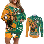 Custom Australia Rugby Wallaroos Couples Matching Off Shoulder Short Dress and Long Sleeve Button Shirt Indigenous Aboriginal Pacific Champions