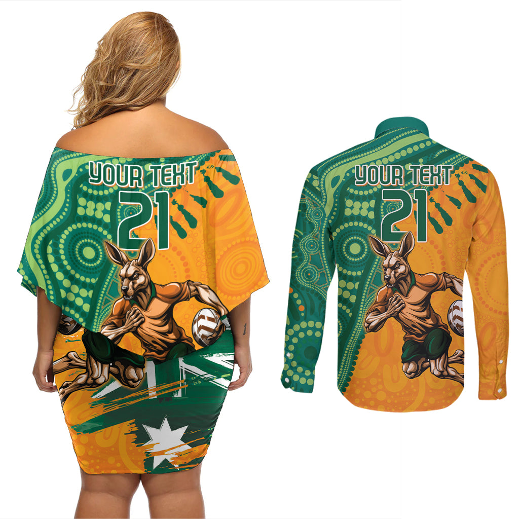 Custom Australia Rugby Wallaroos Couples Matching Off Shoulder Short Dress and Long Sleeve Button Shirt Indigenous Aboriginal Pacific Champions