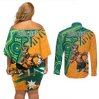 Custom Australia Rugby Wallaroos Couples Matching Off Shoulder Short Dress and Long Sleeve Button Shirt Indigenous Aboriginal Pacific Champions
