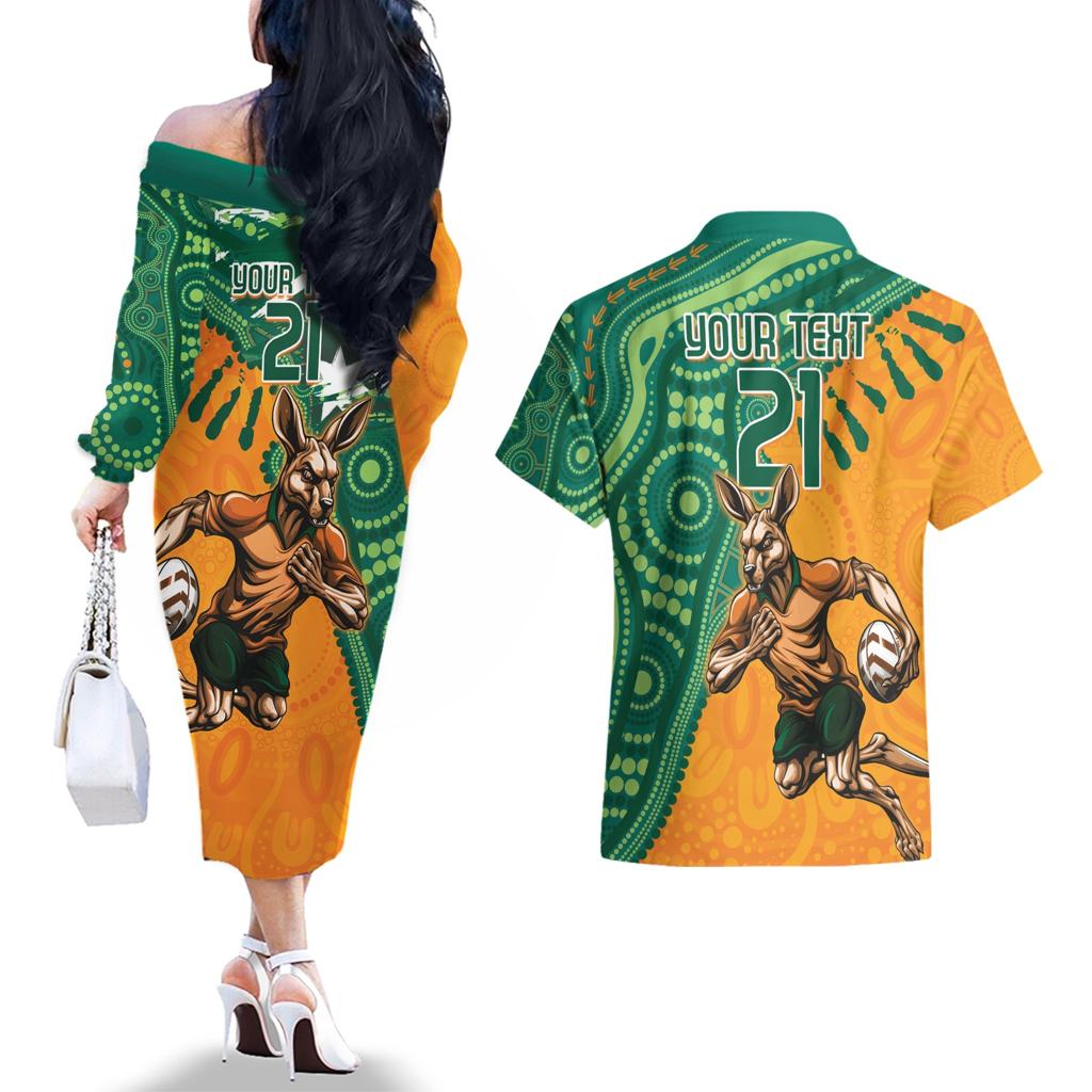 Custom Australia Rugby Wallaroos Couples Matching Off The Shoulder Long Sleeve Dress and Hawaiian Shirt Indigenous Aboriginal Pacific Champions