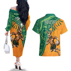 Custom Australia Rugby Wallaroos Couples Matching Off The Shoulder Long Sleeve Dress and Hawaiian Shirt Indigenous Aboriginal Pacific Champions