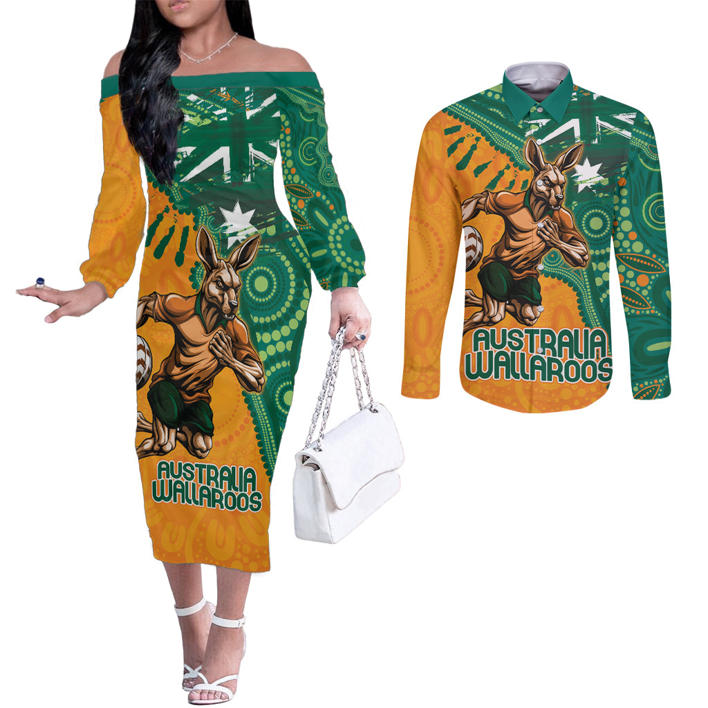 Custom Australia Rugby Wallaroos Couples Matching Off The Shoulder Long Sleeve Dress and Long Sleeve Button Shirt Indigenous Aboriginal Pacific Champions