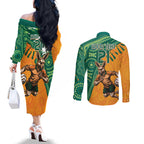 Custom Australia Rugby Wallaroos Couples Matching Off The Shoulder Long Sleeve Dress and Long Sleeve Button Shirt Indigenous Aboriginal Pacific Champions