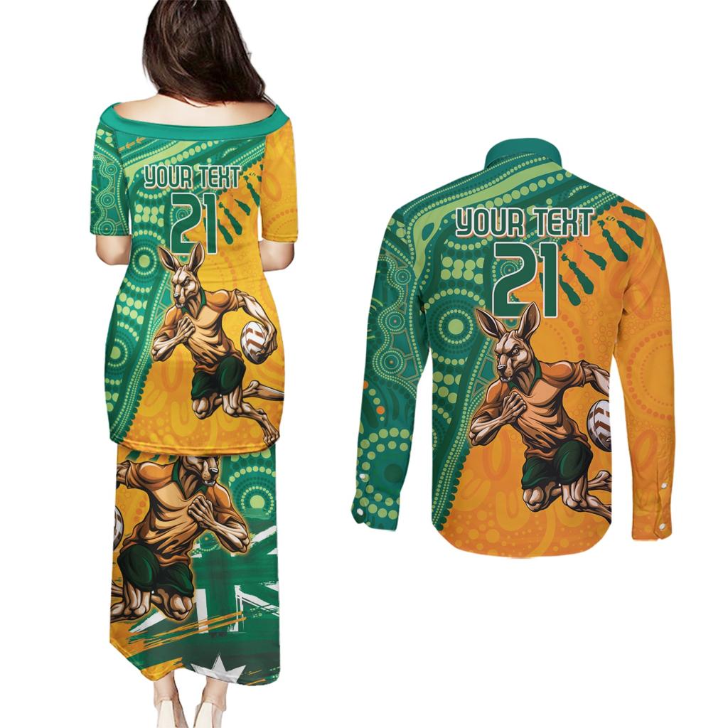 Custom Australia Rugby Wallaroos Couples Matching Puletasi and Long Sleeve Button Shirt Indigenous Aboriginal Pacific Champions