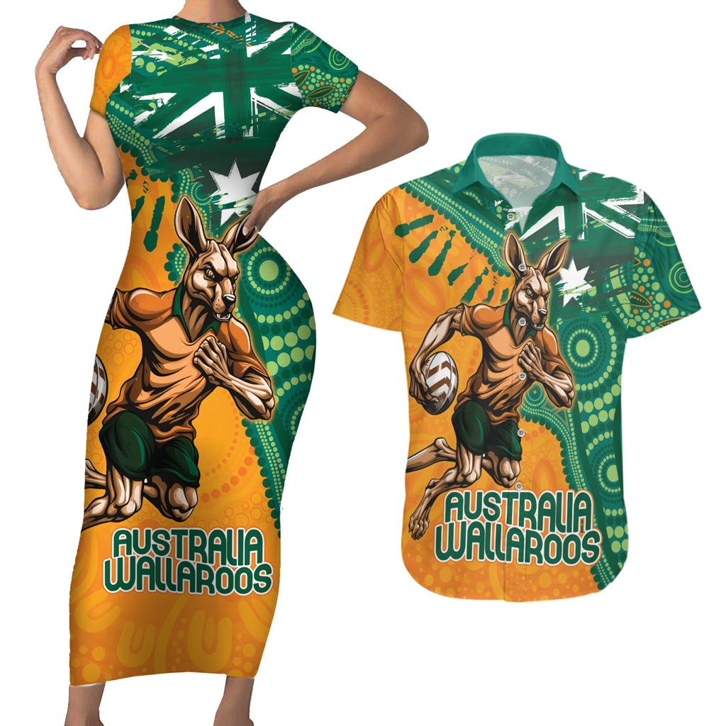 Custom Australia Rugby Wallaroos Couples Matching Short Sleeve Bodycon Dress and Hawaiian Shirt Indigenous Aboriginal Pacific Champions