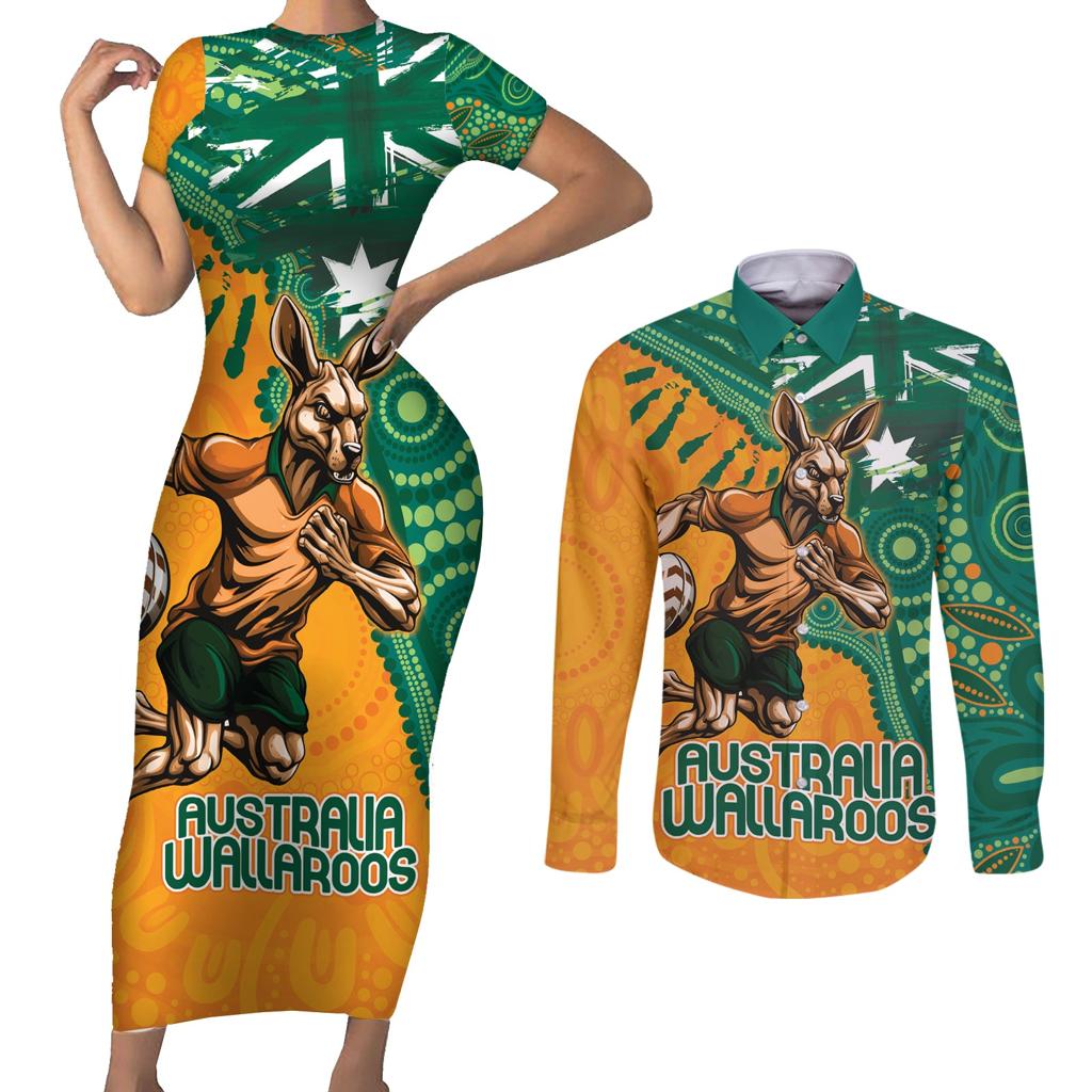 Custom Australia Rugby Wallaroos Couples Matching Short Sleeve Bodycon Dress and Long Sleeve Button Shirt Indigenous Aboriginal Pacific Champions