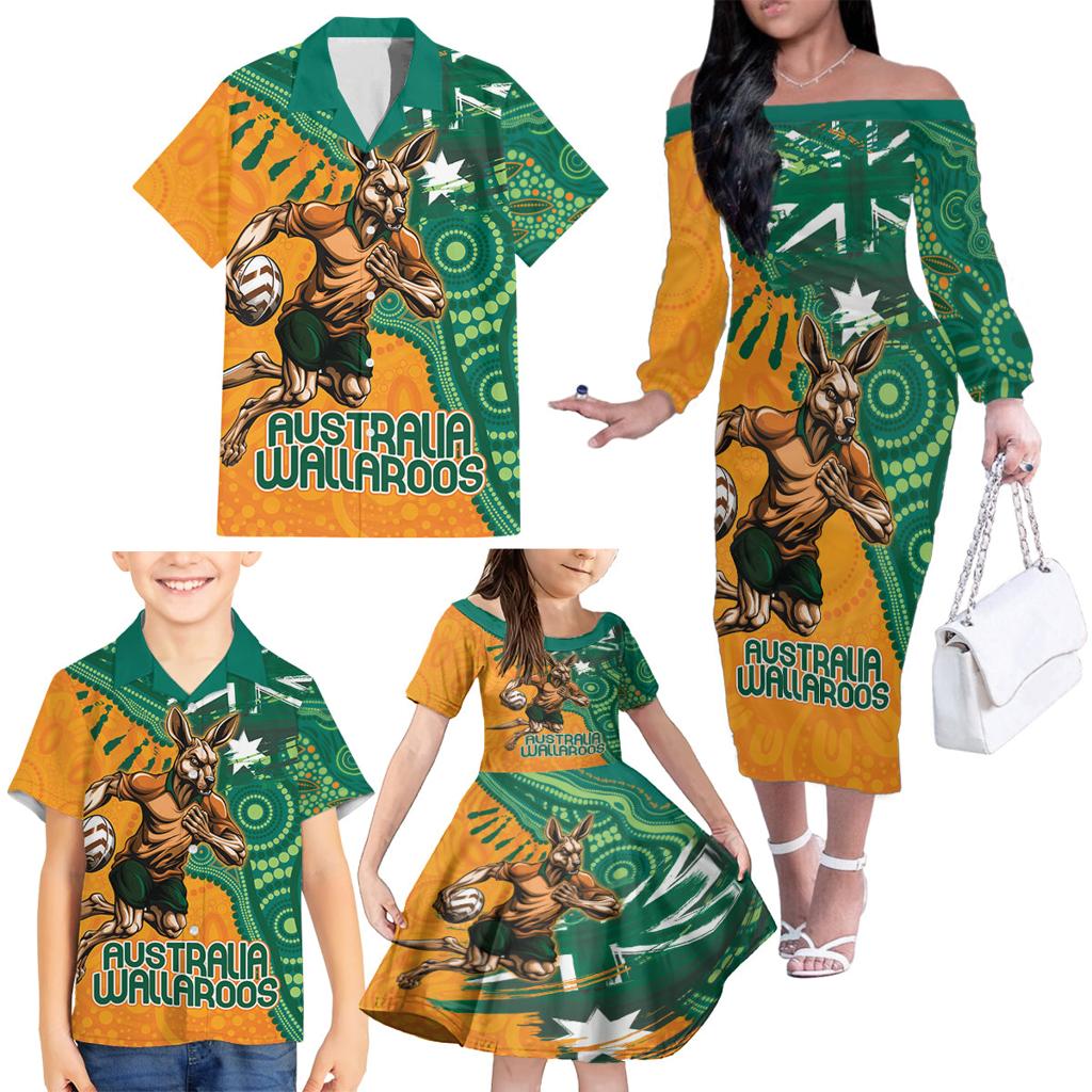Custom Australia Rugby Wallaroos Family Matching Off The Shoulder Long Sleeve Dress and Hawaiian Shirt Indigenous Aboriginal Pacific Champions