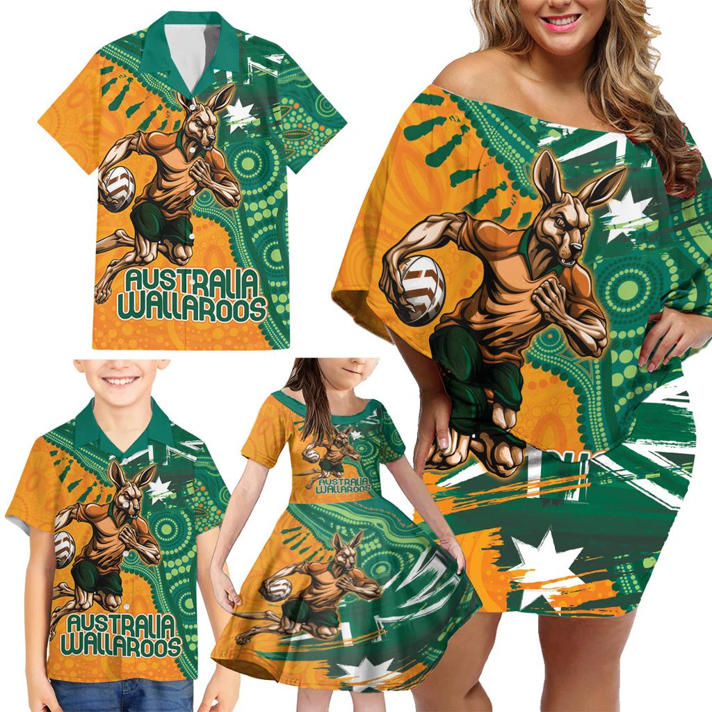 Custom Australia Rugby Wallaroos Family Matching Off Shoulder Short Dress and Hawaiian Shirt Indigenous Aboriginal Pacific Champions