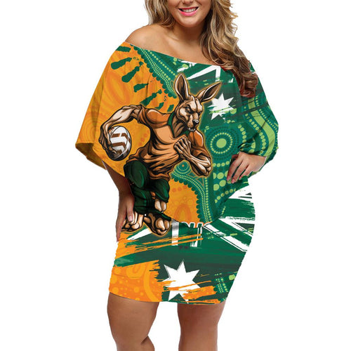 Custom Australia Rugby Wallaroos Family Matching Off Shoulder Short Dress and Hawaiian Shirt Indigenous Aboriginal Pacific Champions