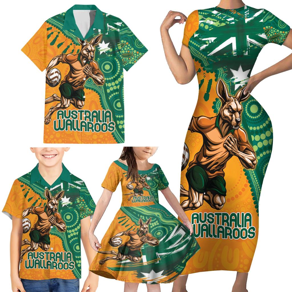 Custom Australia Rugby Wallaroos Family Matching Short Sleeve Bodycon Dress and Hawaiian Shirt Indigenous Aboriginal Pacific Champions