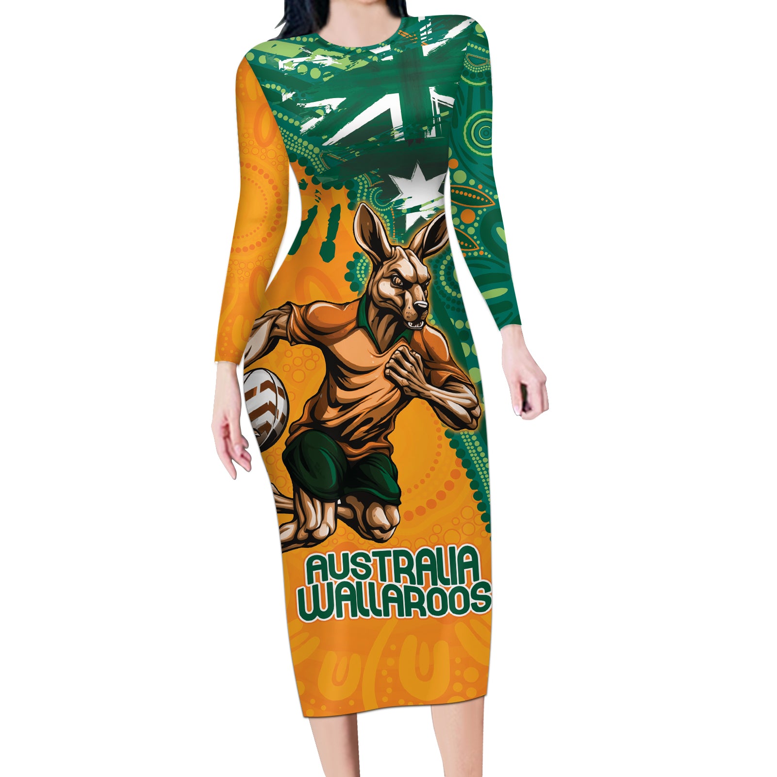 Custom Australia Rugby Wallaroos Long Sleeve Bodycon Dress Indigenous Aboriginal Pacific Champions