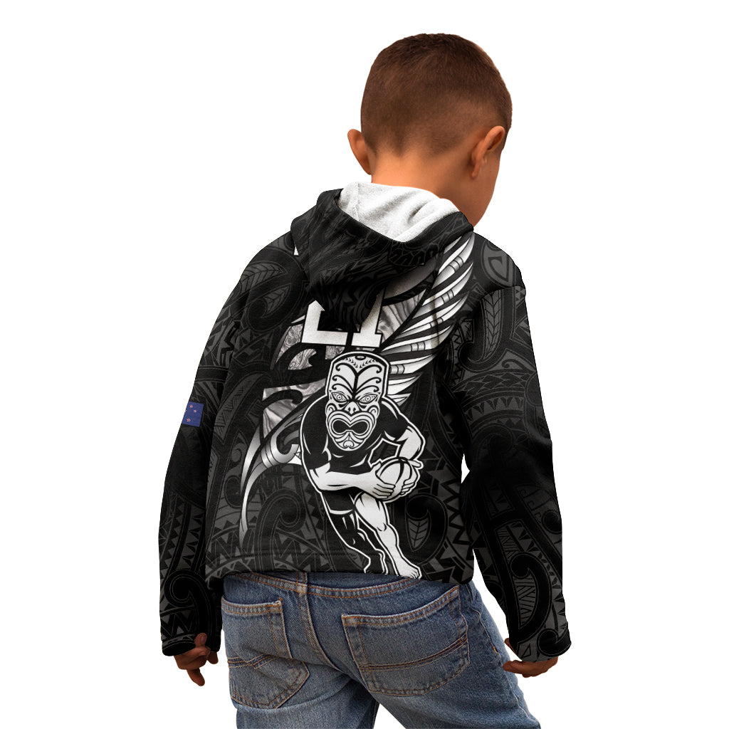 Custom New Zealand Maori Rugby Kid Hoodie Rarauhe Pango Silver Fern Manaia