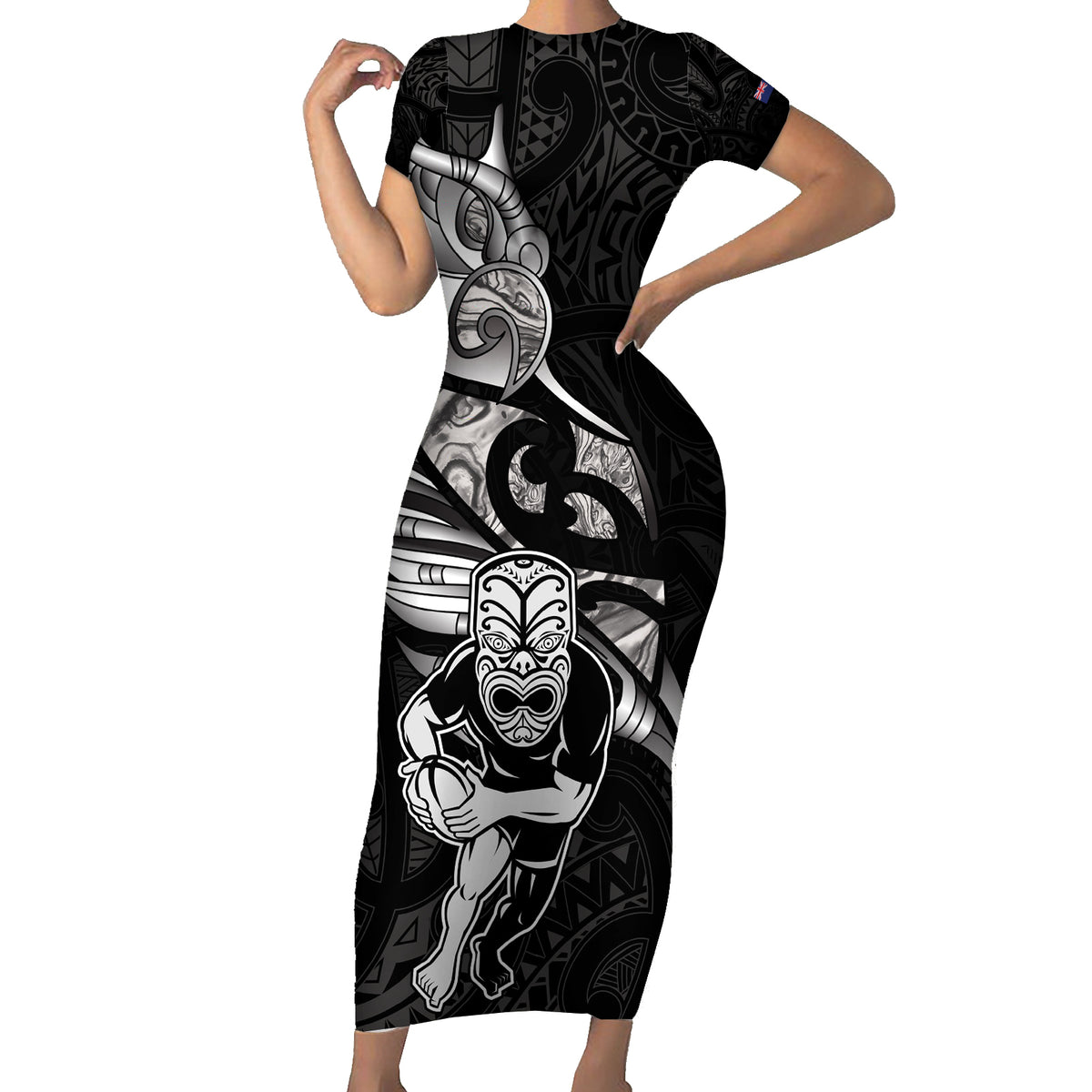 Custom New Zealand Maori Rugby Short Sleeve Bodycon Dress Rarauhe Pango Silver Fern Manaia