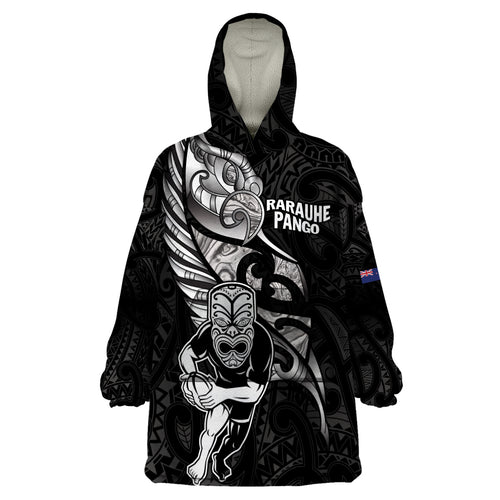 Custom New Zealand Maori Rugby Wearable Blanket Hoodie Rarauhe Pango Silver Fern Manaia
