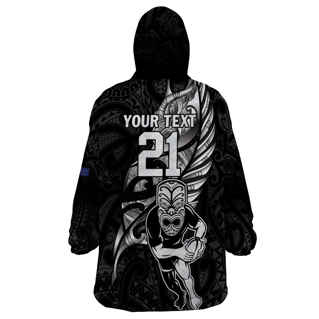 Custom New Zealand Maori Rugby Wearable Blanket Hoodie Rarauhe Pango Silver Fern Manaia