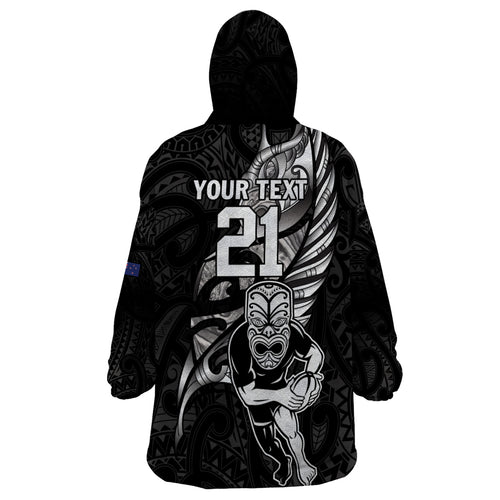 Custom New Zealand Maori Rugby Wearable Blanket Hoodie Rarauhe Pango Silver Fern Manaia