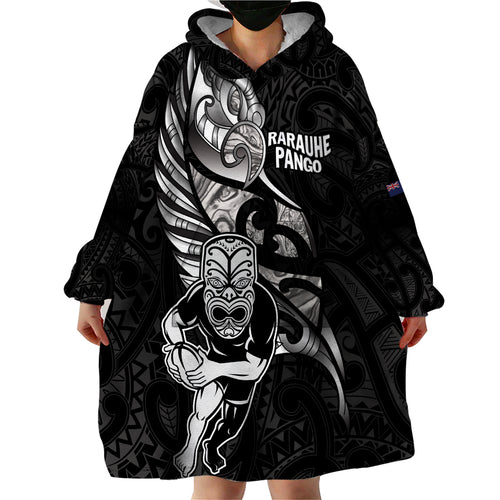 Custom New Zealand Maori Rugby Wearable Blanket Hoodie Rarauhe Pango Silver Fern Manaia
