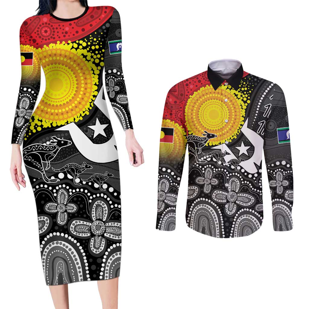 Aboriginal-Torres Strait Islanders Couples Matching Long Sleeve Bodycon Dress and Long Sleeve Button Shirt Together Culture Inspired Story