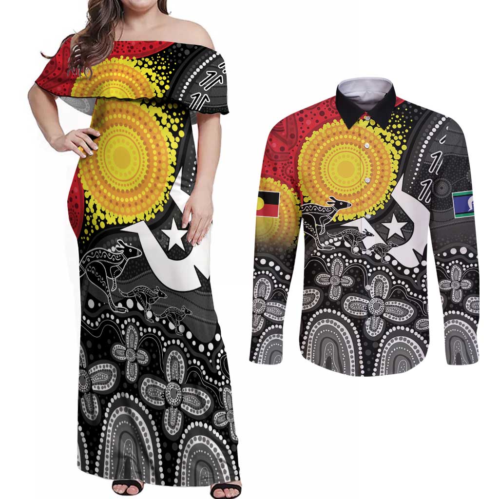 Aboriginal-Torres Strait Islanders Couples Matching Off Shoulder Maxi Dress and Long Sleeve Button Shirt Together Culture Inspired Story