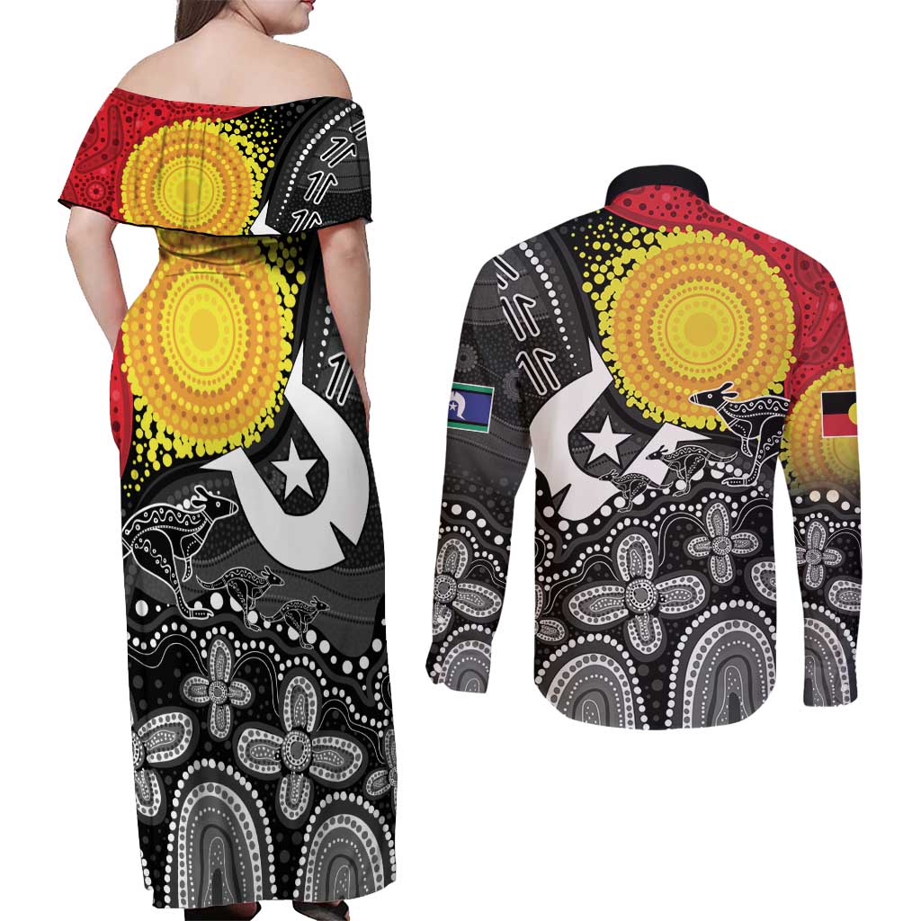 Aboriginal-Torres Strait Islanders Couples Matching Off Shoulder Maxi Dress and Long Sleeve Button Shirt Together Culture Inspired Story