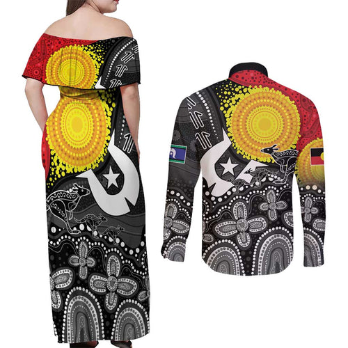 Aboriginal-Torres Strait Islanders Couples Matching Off Shoulder Maxi Dress and Long Sleeve Button Shirt Together Culture Inspired Story