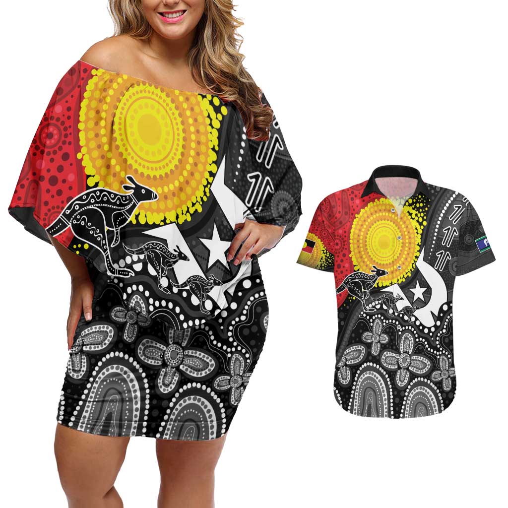Aboriginal-Torres Strait Islanders Couples Matching Off Shoulder Short Dress and Hawaiian Shirt Together Culture Inspired Story