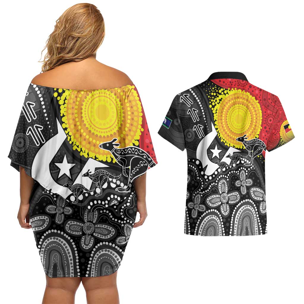 Aboriginal-Torres Strait Islanders Couples Matching Off Shoulder Short Dress and Hawaiian Shirt Together Culture Inspired Story