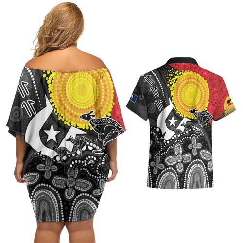 Aboriginal-Torres Strait Islanders Couples Matching Off Shoulder Short Dress and Hawaiian Shirt Together Culture Inspired Story