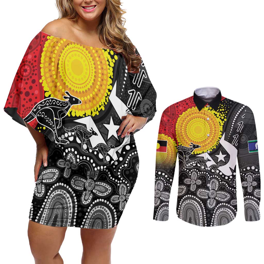 Aboriginal-Torres Strait Islanders Couples Matching Off Shoulder Short Dress and Long Sleeve Button Shirt Together Culture Inspired Story