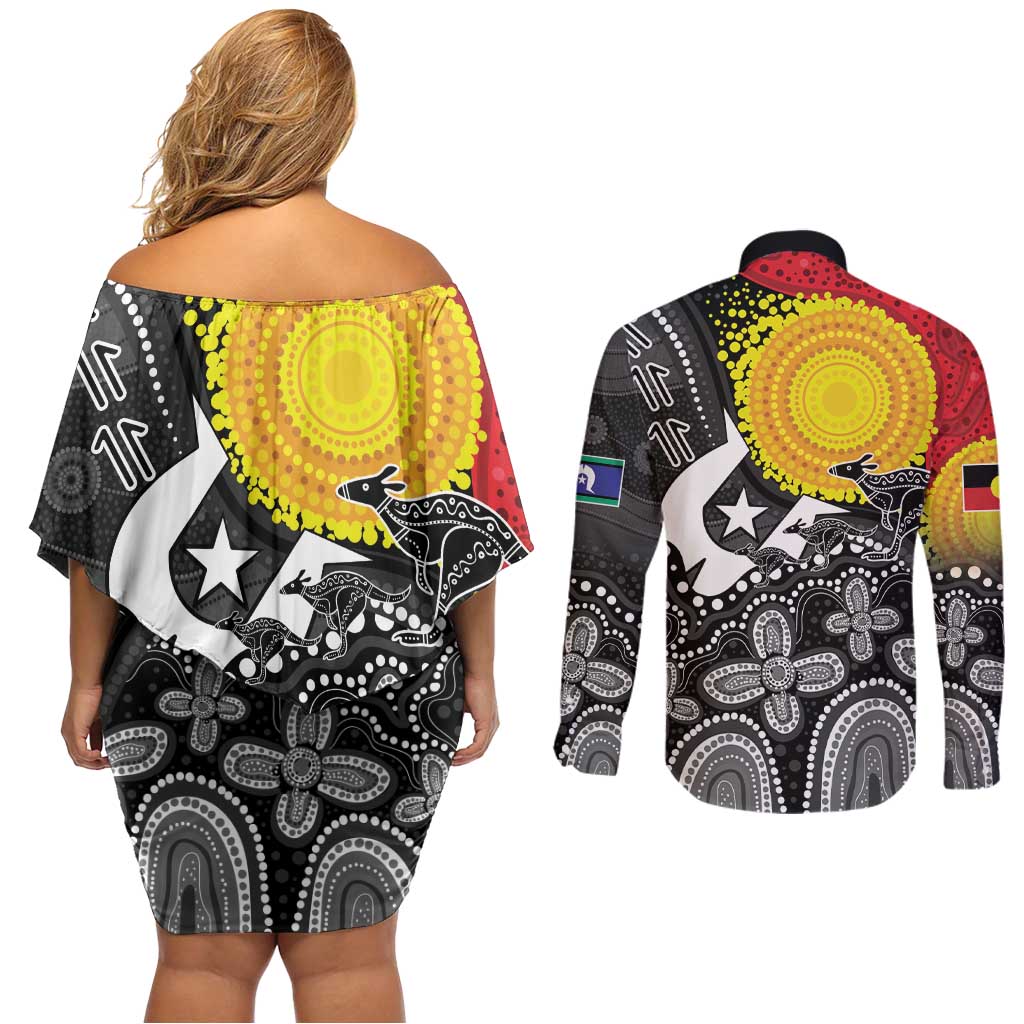 Aboriginal-Torres Strait Islanders Couples Matching Off Shoulder Short Dress and Long Sleeve Button Shirt Together Culture Inspired Story