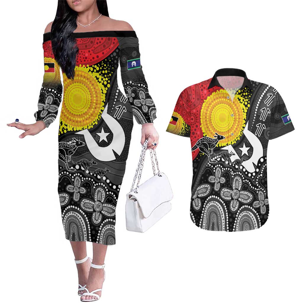 Aboriginal-Torres Strait Islanders Couples Matching Off The Shoulder Long Sleeve Dress and Hawaiian Shirt Together Culture Inspired Story