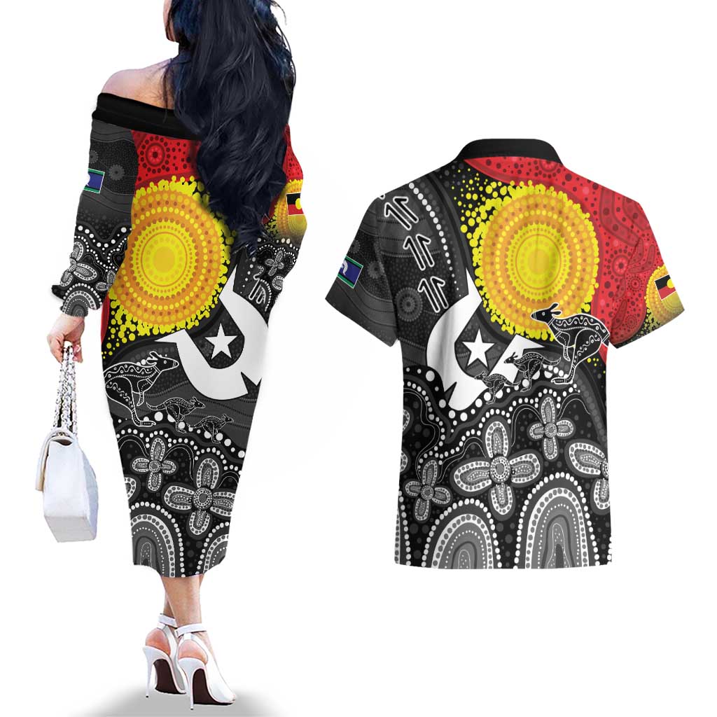 Aboriginal-Torres Strait Islanders Couples Matching Off The Shoulder Long Sleeve Dress and Hawaiian Shirt Together Culture Inspired Story