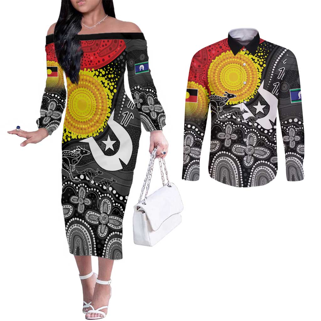 Aboriginal-Torres Strait Islanders Couples Matching Off The Shoulder Long Sleeve Dress and Long Sleeve Button Shirt Together Culture Inspired Story