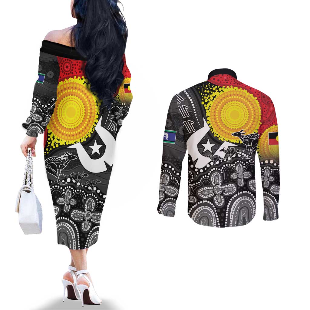 Aboriginal-Torres Strait Islanders Couples Matching Off The Shoulder Long Sleeve Dress and Long Sleeve Button Shirt Together Culture Inspired Story