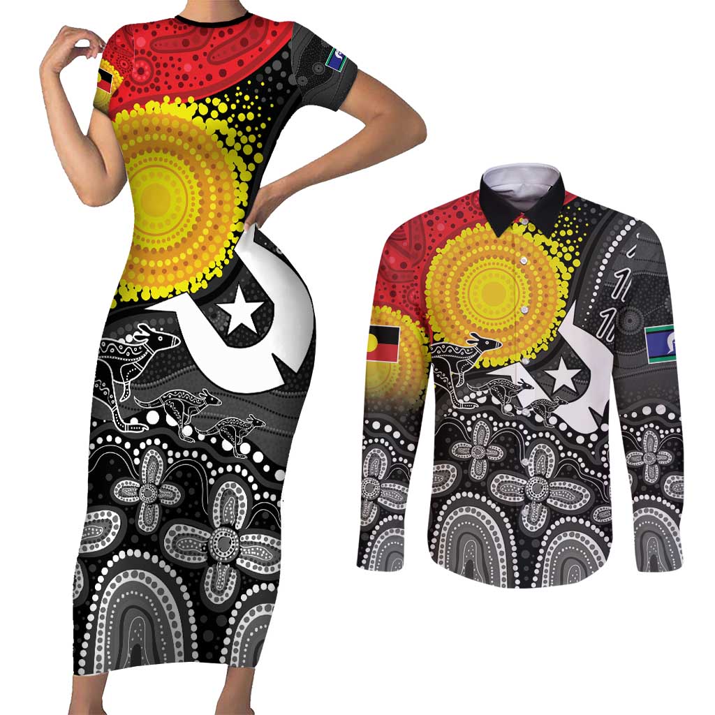 Aboriginal-Torres Strait Islanders Couples Matching Short Sleeve Bodycon Dress and Long Sleeve Button Shirt Together Culture Inspired Story