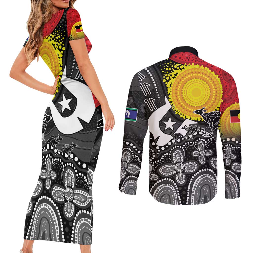 Aboriginal-Torres Strait Islanders Couples Matching Short Sleeve Bodycon Dress and Long Sleeve Button Shirt Together Culture Inspired Story