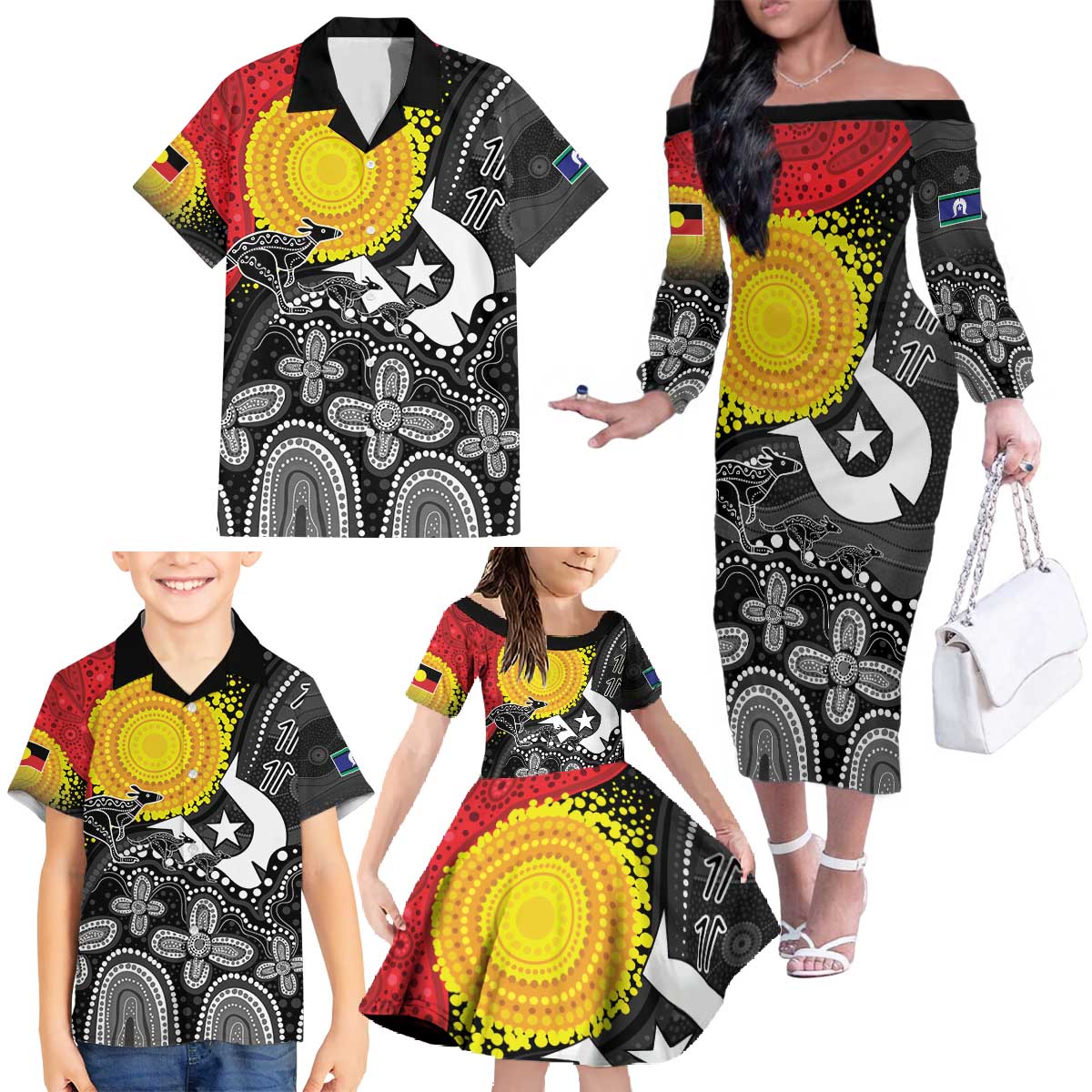 Aboriginal-Torres Strait Islanders Family Matching Off The Shoulder Long Sleeve Dress and Hawaiian Shirt Together Culture Inspired Story