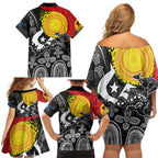 Aboriginal-Torres Strait Islanders Family Matching Off Shoulder Short Dress and Hawaiian Shirt Together Culture Inspired Story