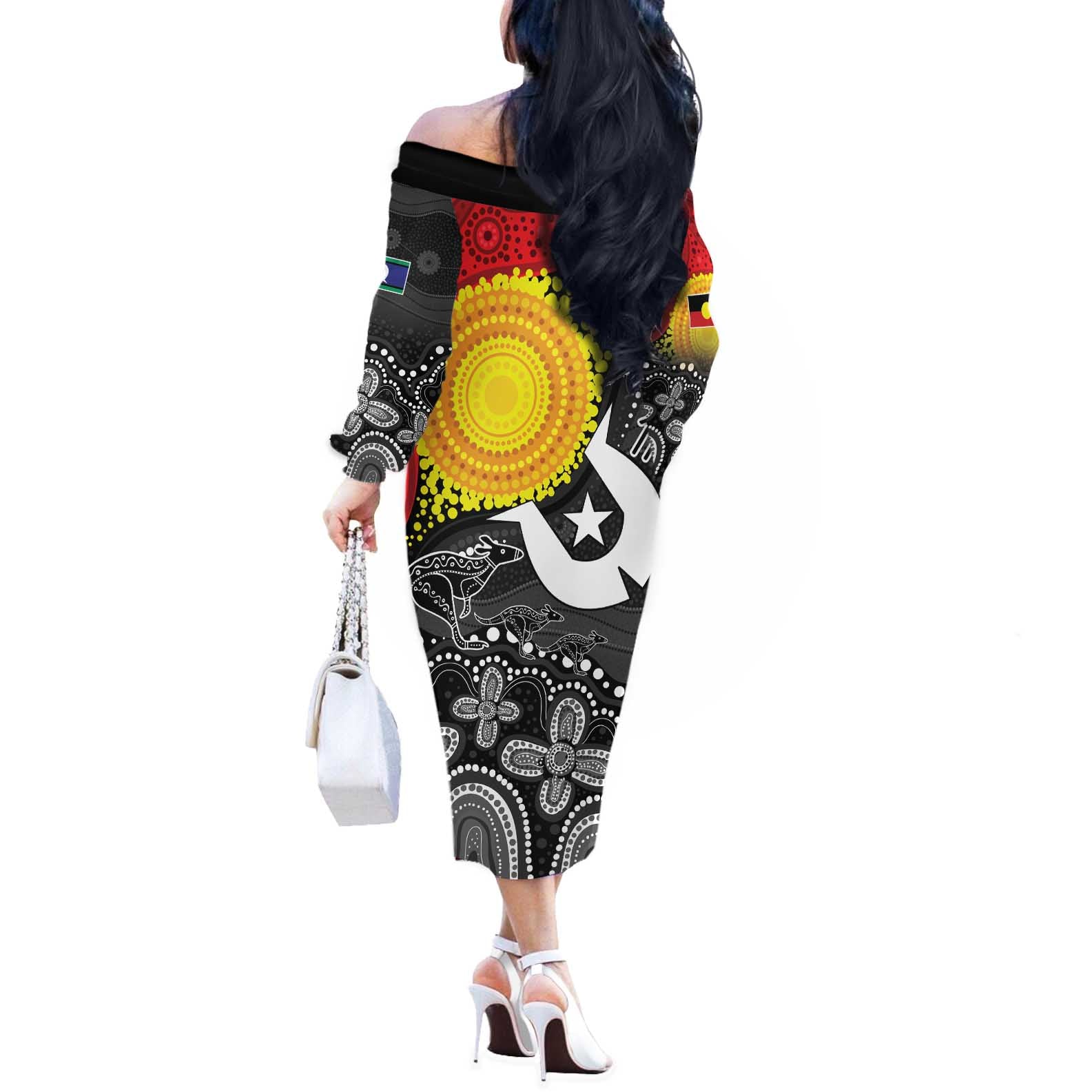 Aboriginal-Torres Strait Islanders Off The Shoulder Long Sleeve Dress Together Culture Inspired Story
