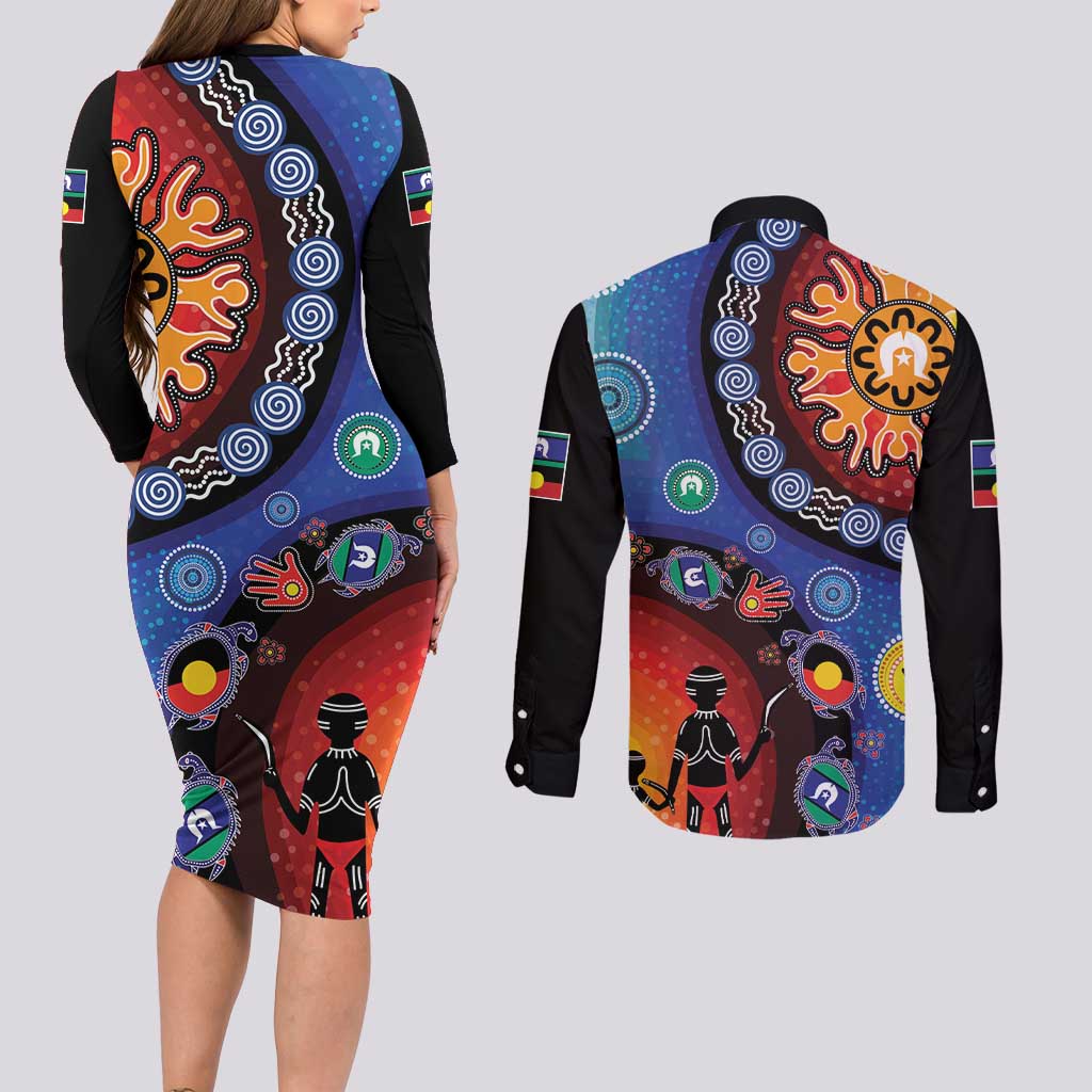 NAIDOC 2025 Our Voices Their Legacy Couples Matching Long Sleeve Bodycon Dress and Long Sleeve Button Shirt