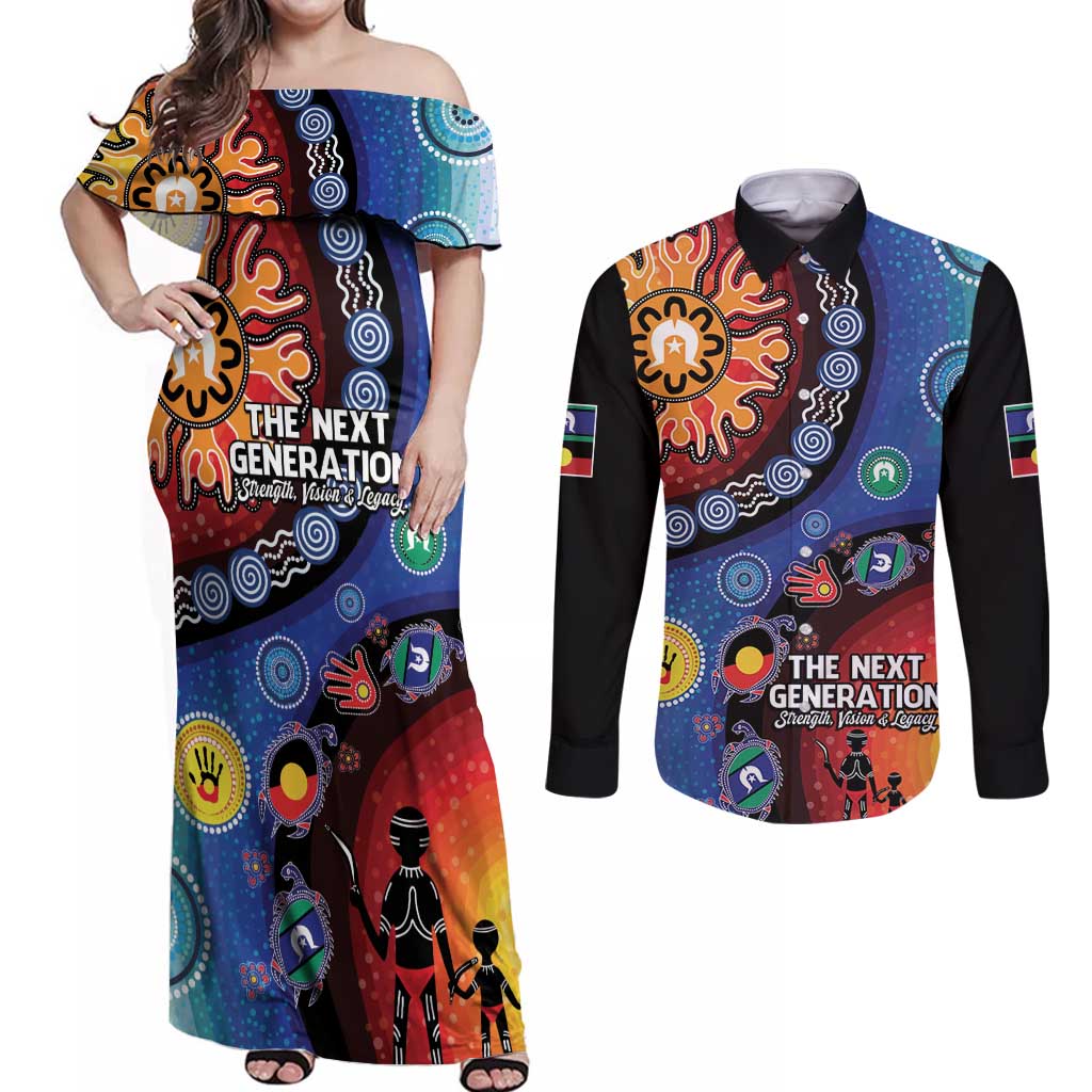 NAIDOC 2025 Our Voices Their Legacy Couples Matching Off Shoulder Maxi Dress and Long Sleeve Button Shirt